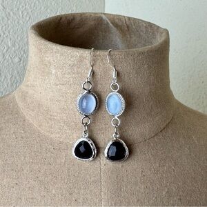 Upcycled Silver Tone Pierced Earrings with Faux Blue Agate and Garnet Drops